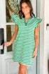 Preppy Stripe Contrast Collar Split Neck Flutter Sleeve T Shirt Dress